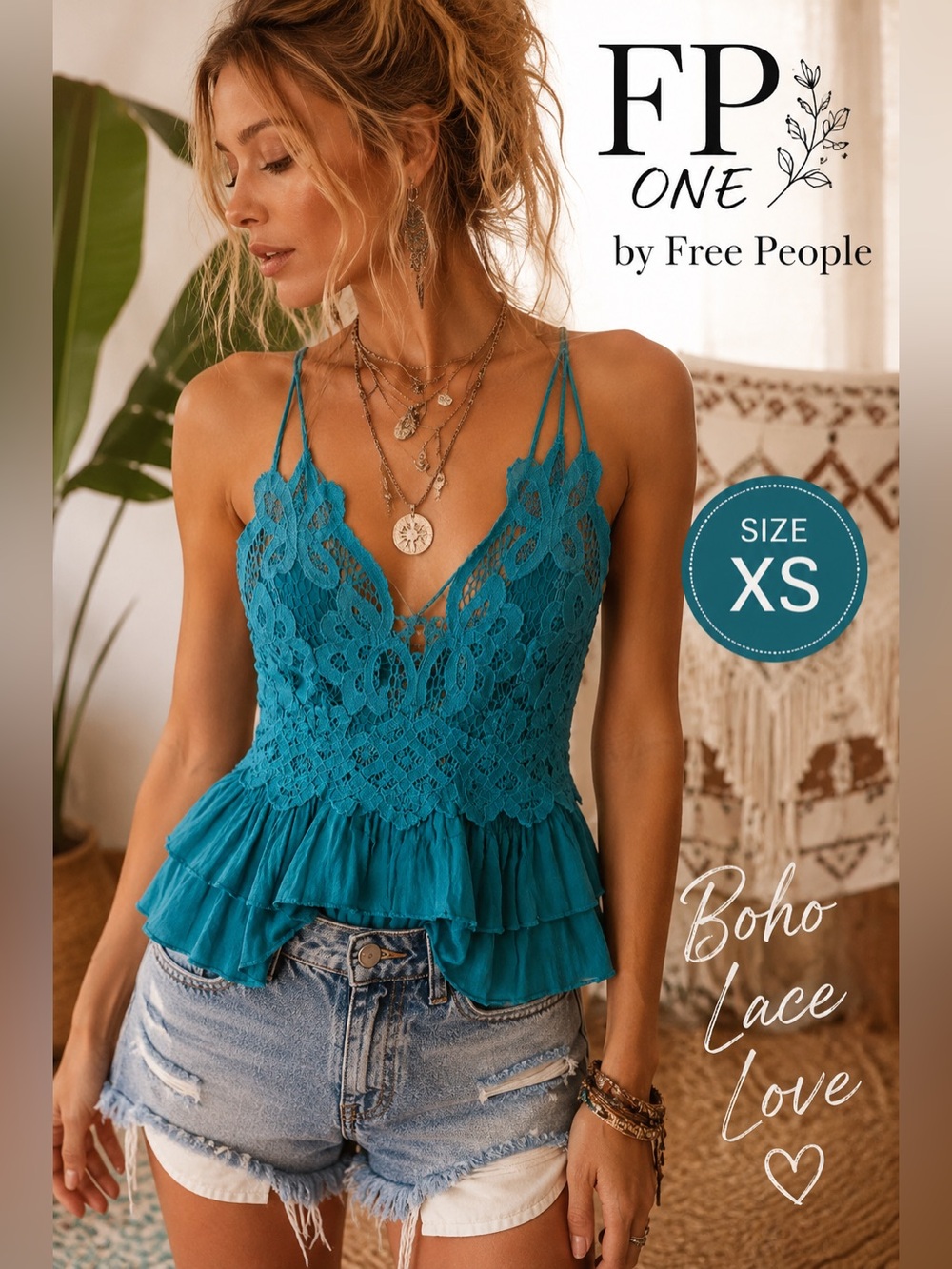 FP One Teal Lace Crochet Ruffle Cami Tank XS Boho Festival